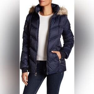 Nautica. Faux Fur Trim Hooded Puffer Coat, Navy XS